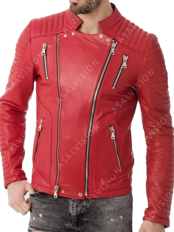 Red Quilted Biker Motorcycle Cafe Racer Zipper Leather Padded Jacket