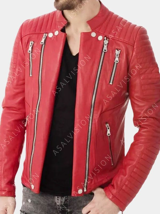 Red Quilted Biker Style Zipper Leather Jacket Mens
