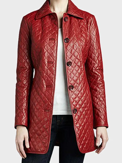 Red Quilted Leather Coat For Women
