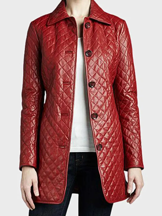 Red Quilted Leather Coat For Women