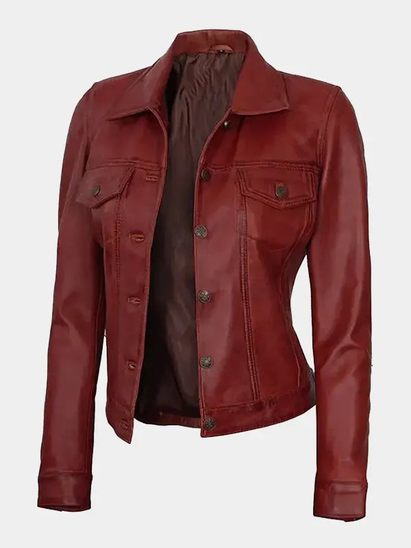 Red Real Lambskin Leather Trucker Jacket