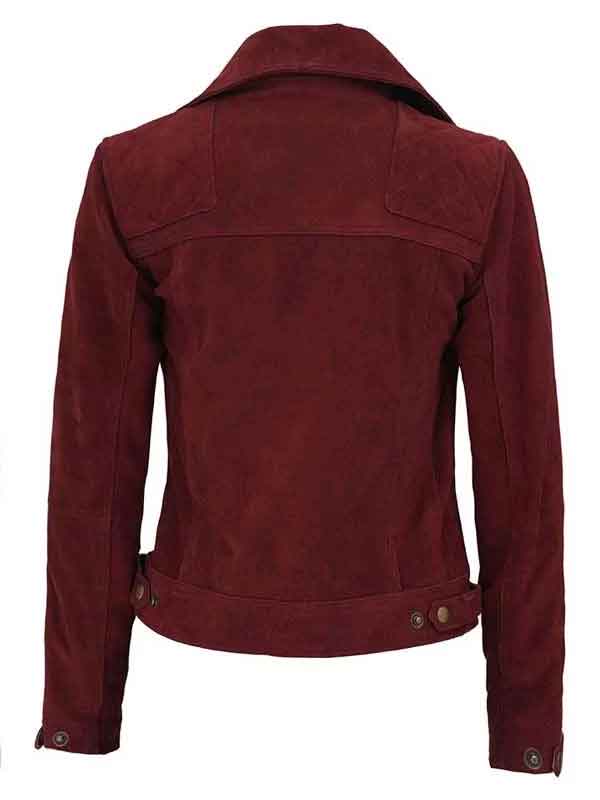 Maroon Suede Leather Biker Motorcycle Jacket For Womens