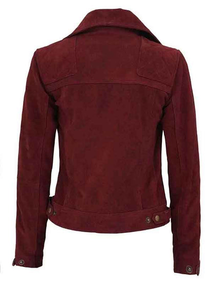 Maroon Suede Leather Biker Motorcycle Jacket For Womens