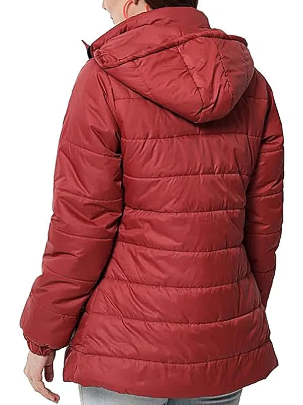Red Zipper Puffer Jacket With Hood