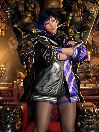 Reina Mishima Tekken 8 Purple and Black Hooded Bomber Costume Jacket