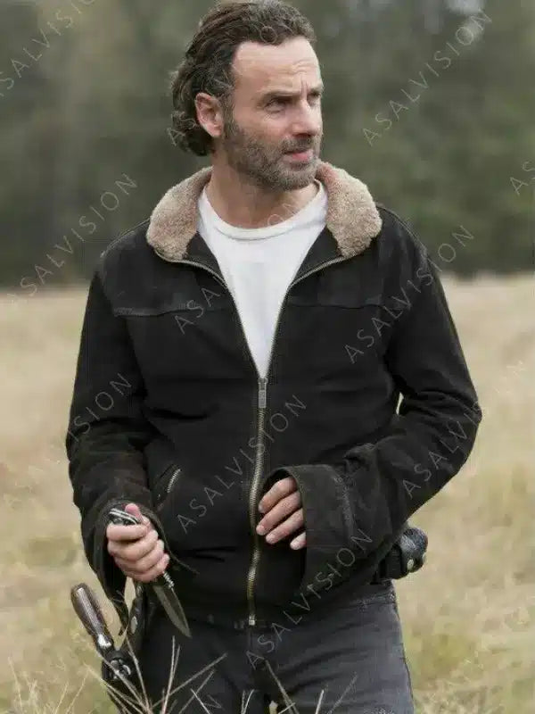 Rick Grimes The Walking Dead Andrew Lincoln Brown Suede Leather Sherpa Jacket