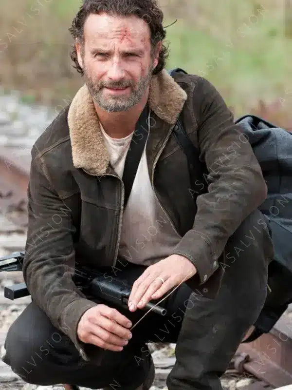Rick Grimes The Walking Dead Brown Suede Leather Sherpa Jacket