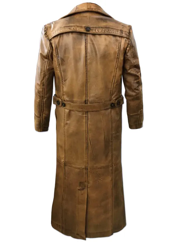 Russell Distressed Trench Leather Brown Coat For Men's