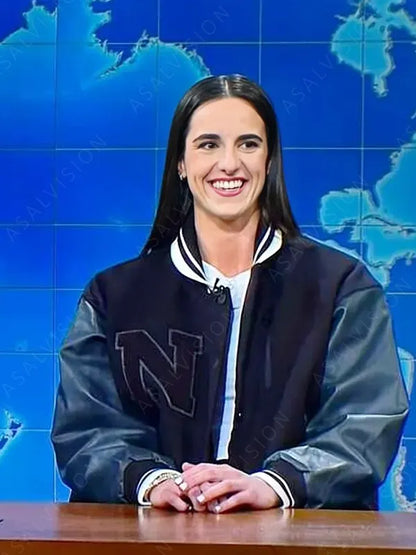 SNL Caitlin Clark Black Varsity Bomber Jacket