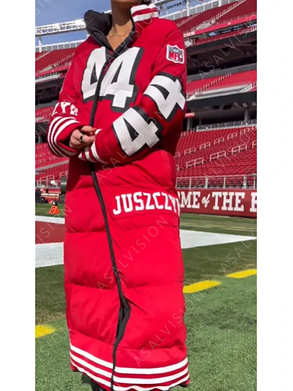 San Francisco SF Kristin Juszcztk Red Puffer Coat