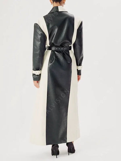 Selena Gomez Black and White Long Leather Trench Coat