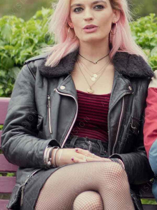 Sex Education Maeve Wiley Black Shearling Collar Leather Jacket