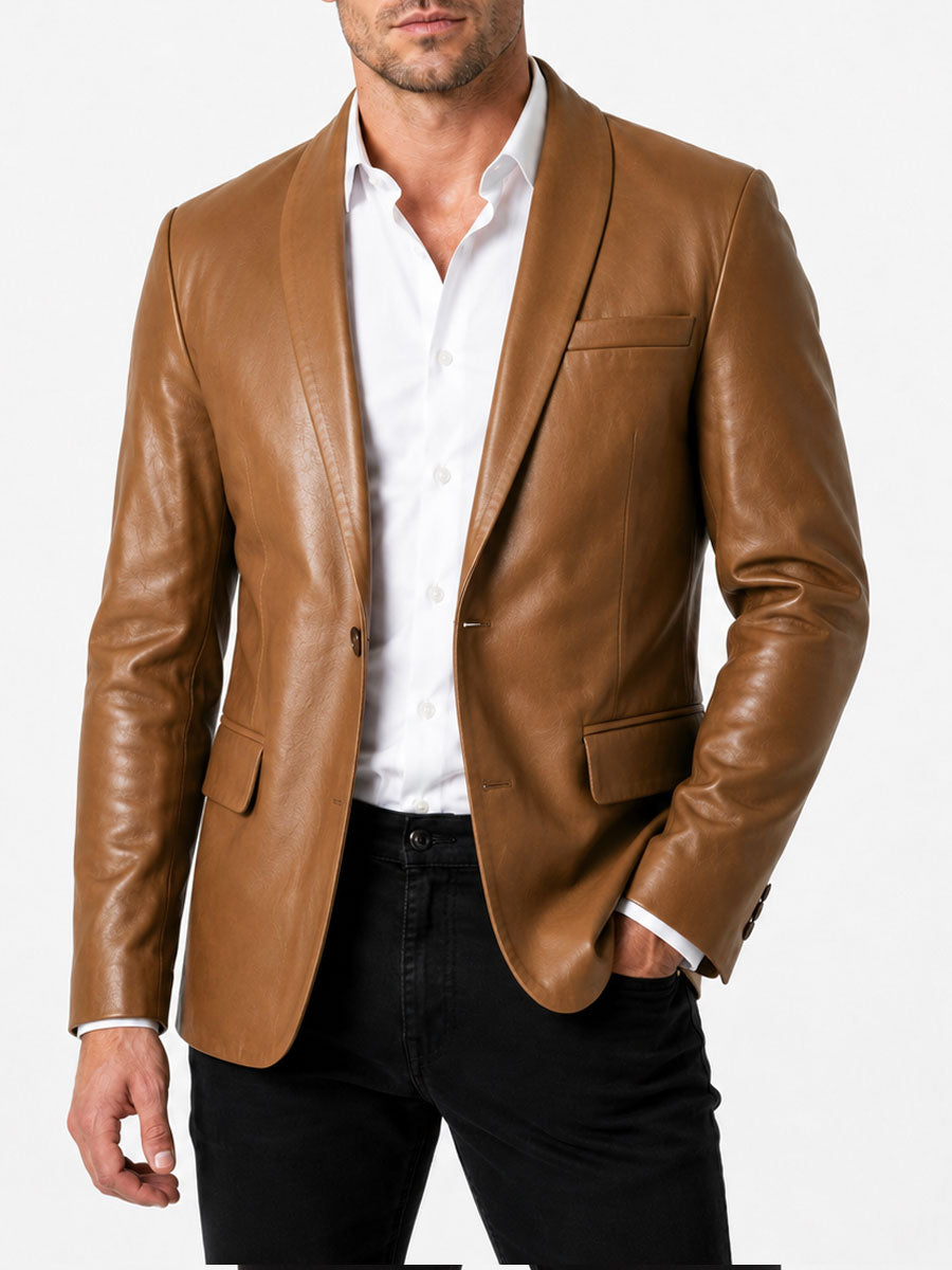 Shawl Collar Single Button Tan Leather Blazer