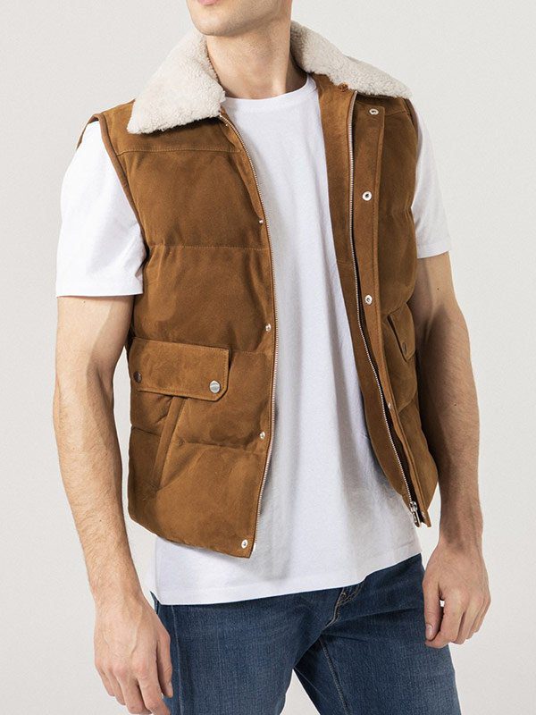 Brown Suede Leather Vest With Shearling Collar