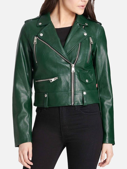 Shiny Green Color Biker Leather Jacket For Women's