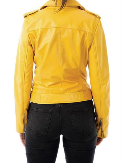 Women's Shiny Yellow Motorcycle Leather Jacket
