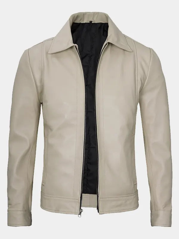 Shirt Collar Beige Leather Jacket For Men