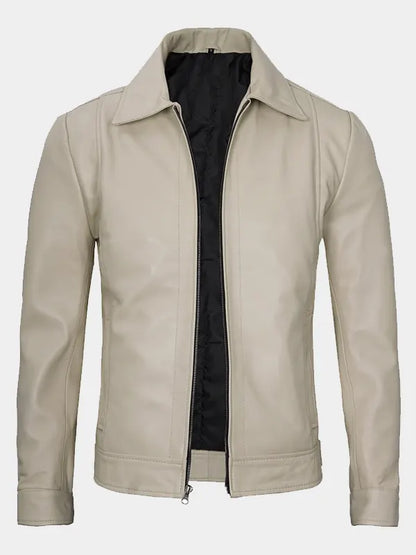 Shirt Collar Beige Leather Jacket For Men