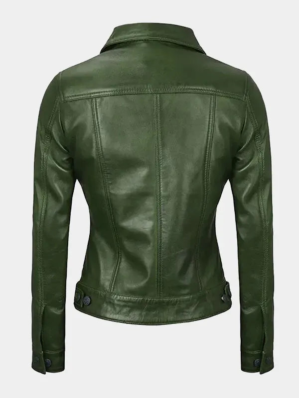 Shop Women’s Green Trucker Lambskin Leather Jacket