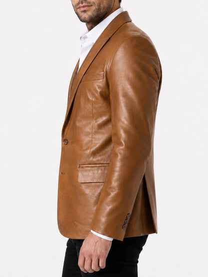 Single Button Tan Leather Blazer