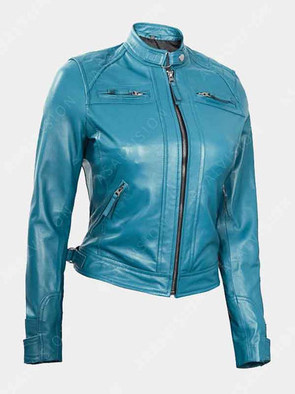Slimfit Sky Blue Cafe Racer Genuine Leather Jacket