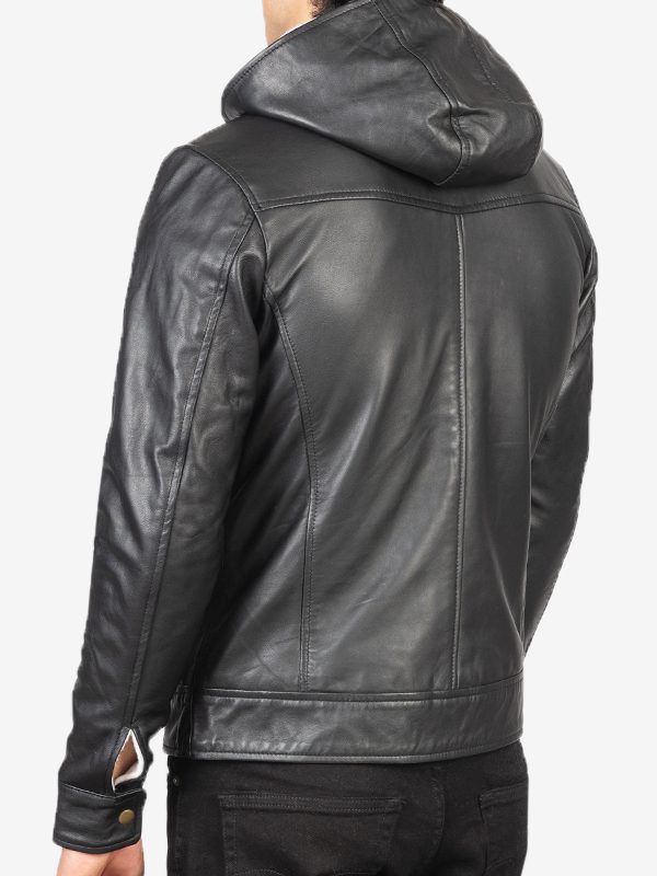 Smooth Black Hooded Real Leather Jacket For Men's