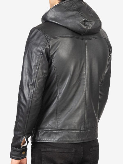 Smooth Black Hooded Real Leather Jacket For Men's