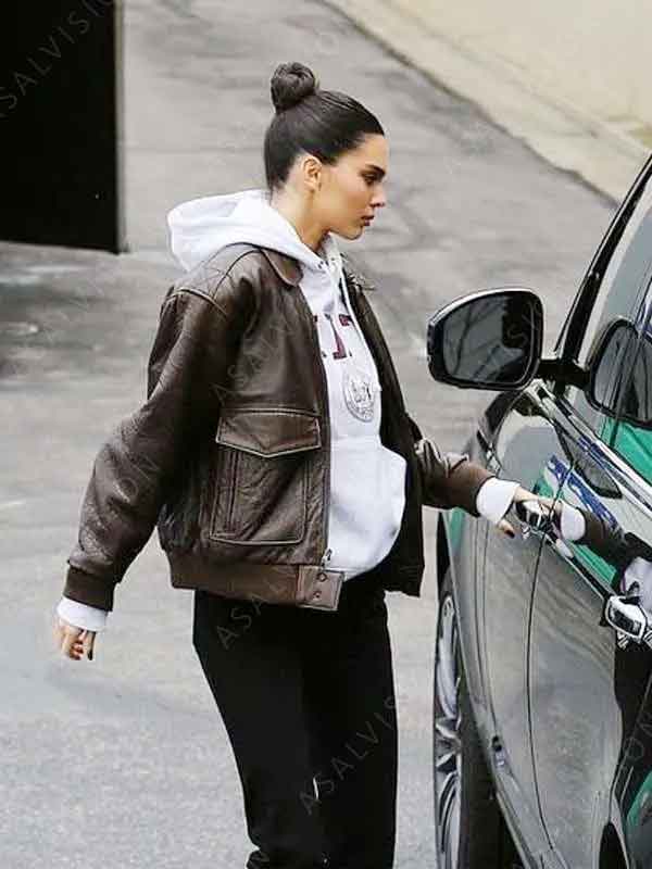 Street Style Kendall Jenner Brown Bomber Leather Jacket