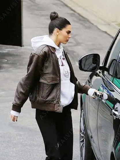 Street Style Kendall Jenner Brown Bomber Leather Jacket