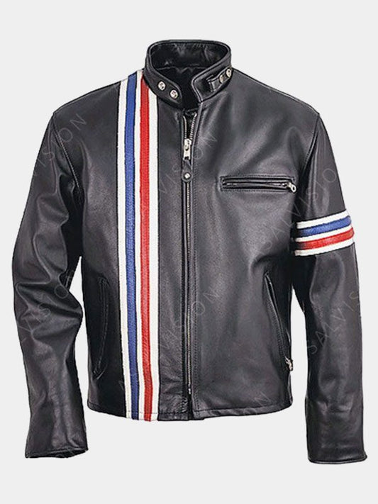 Striped Biker Black Leather Jacket