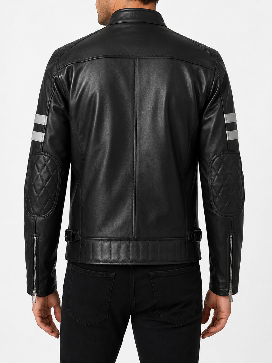 Striped Cafe Racer Black Leather Jacket