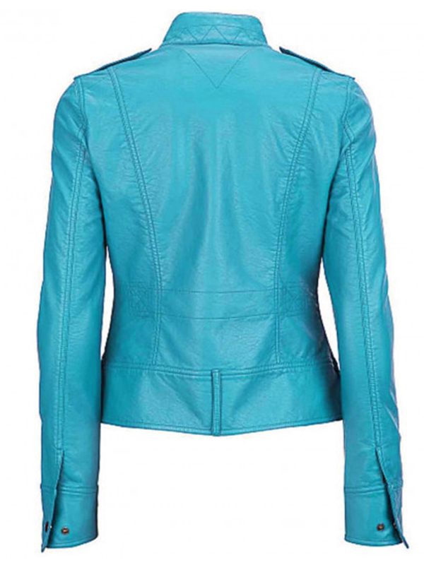 Stylish Blue Cafe Racer Leather Jacket For Womens