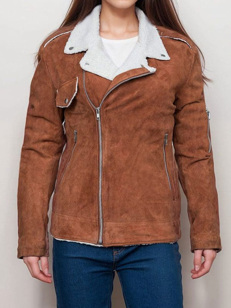 Suede Biker Jacket With Sherpa Lining
