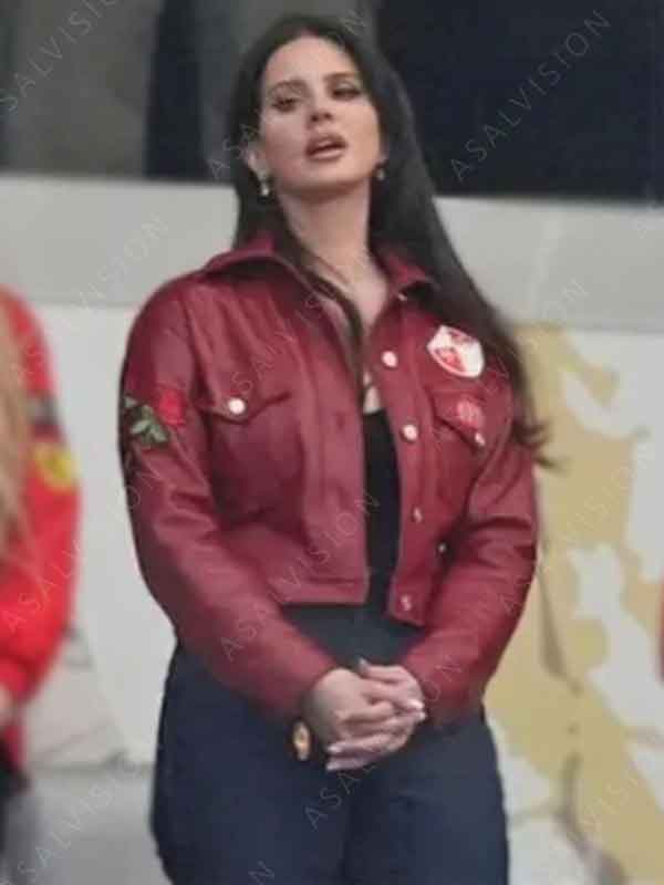 Super Bowl 2024 Lana Del Rey Cropped Red Leather Jacket