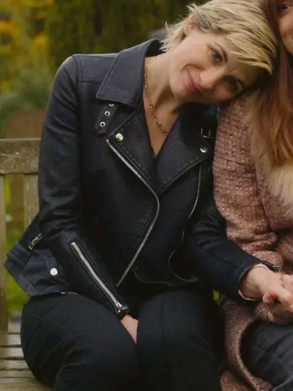 Susan McIntyre Toxic Town 2025 Jodie Whittaker Black Biker Leather Jacket