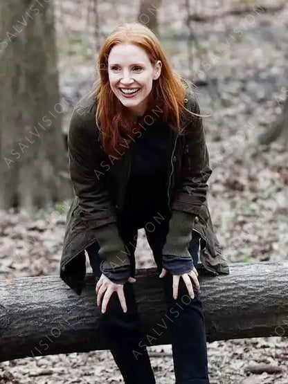 Sylvia Movie Memory 2024 Jessica Chastain Olive Green Cotton Coat With Hood