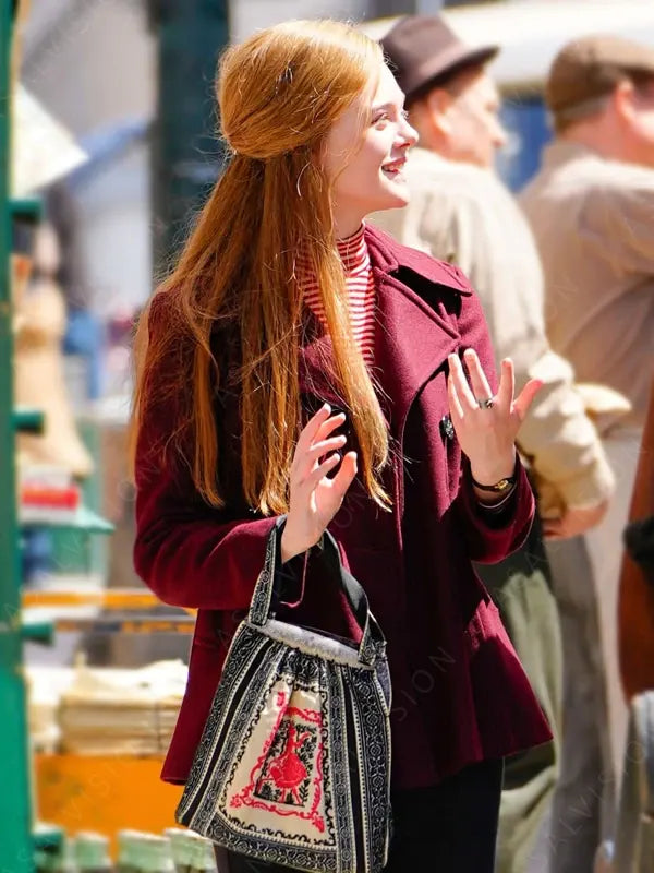 Sylvie Russo A Complete Unknown Elle Fanning Maroon Peacoat (1)