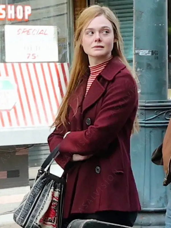 Sylvie Russo A Complete Unknown Elle Fanning Maroon Peacoat (2)