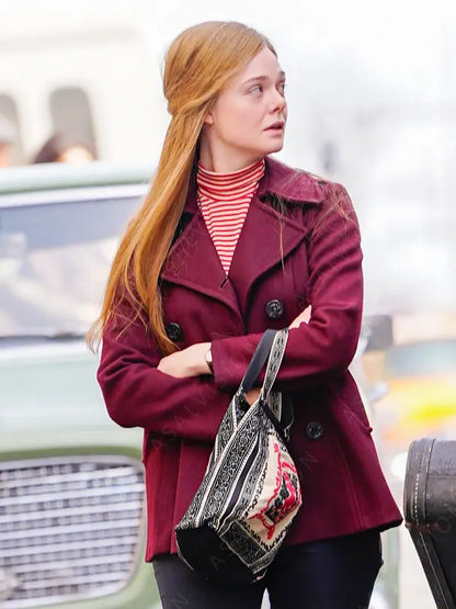 Sylvie Russo A Complete Unknown Elle Fanning Maroon Wool Peacoat