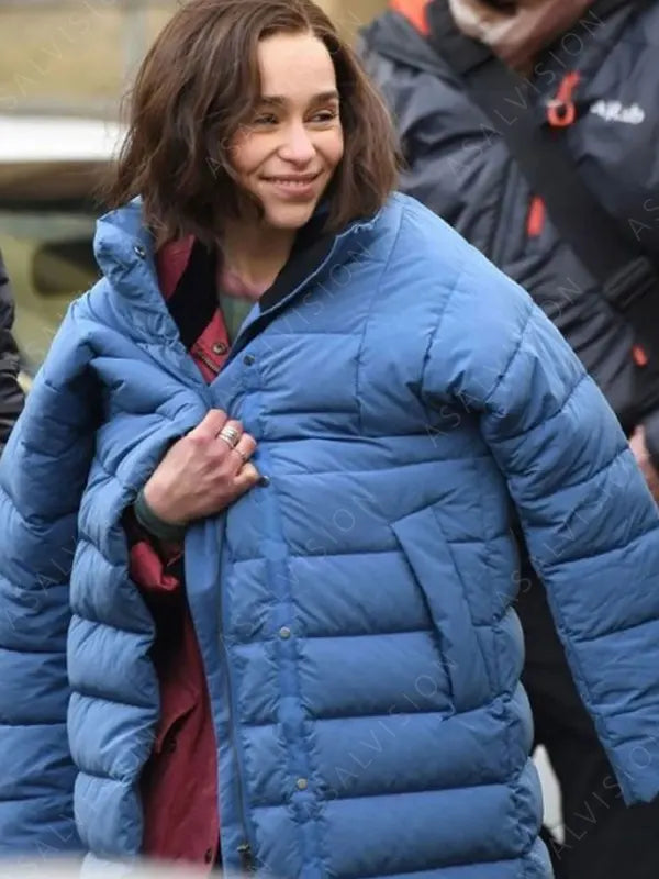 TV Series Secret Invasion 2023 Emilia Clarke Blue Puffer Trench Coat