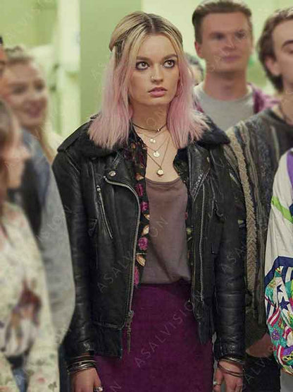 TV Series Sex Education Maeve Wiley Black Shearling Collar Leather Jacket (1)