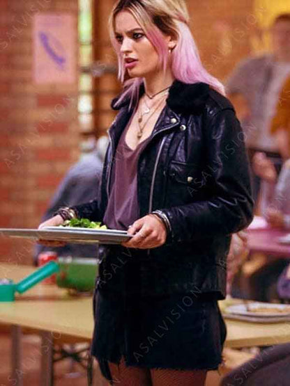 TV Series Sex Education Maeve Wiley Black Shearling Collar Leather Jacket (2)