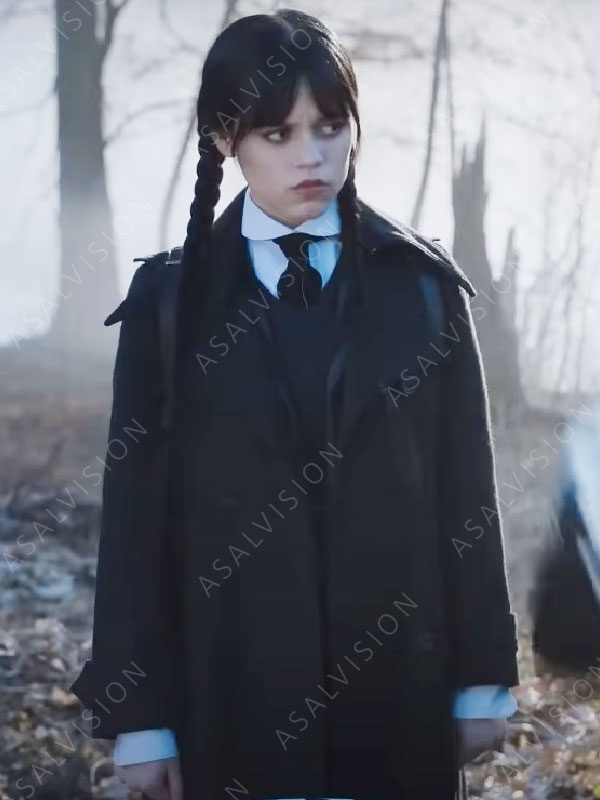 TV Series Wednesday Jenna Ortega Black Trench Wool Coat