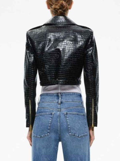 TV Series Wild Cards 2024 Vanessa Morgan Black Croc Biker Leather Jacket