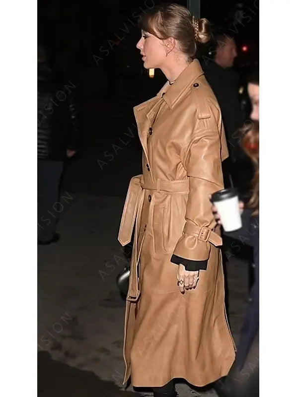 Tan Belted Leather Trench Coat