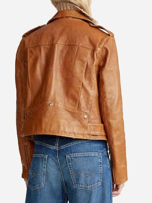 Tan Brown Genuine Sheepskin Leather Biker Jacket For Womens