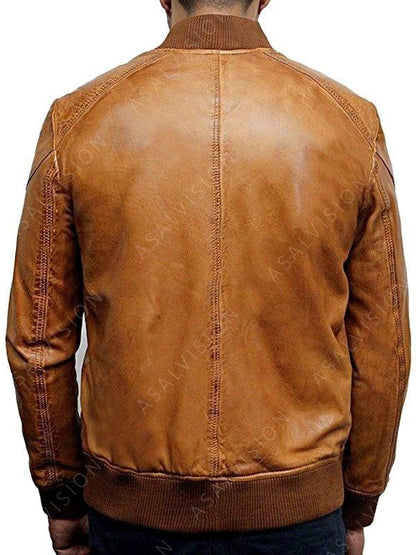Tan Brown Waxed Real Leather Bomber Jacket For Men's