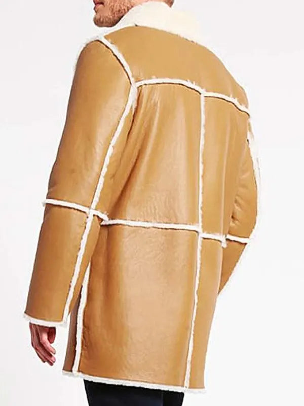 Tan Shearling Leather Car Coat For Men
