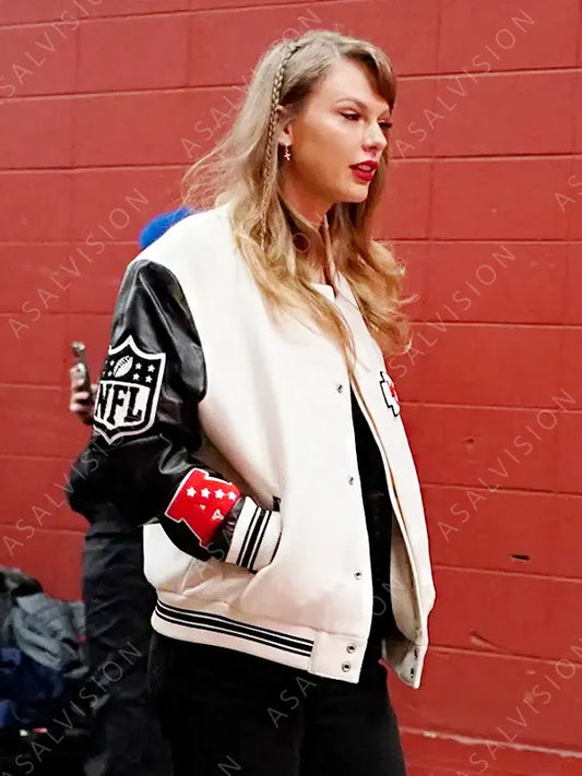 Side view of the jacket showcasing the ribbed collar and cuffs with Taylor Swift's signature.