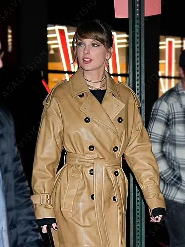 Taylor Swift Tan Belted Leather Coat